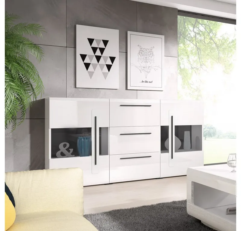 Lomadox Sideboard TURDA-83, weiß Hochglanz modern mit Absetzungen in schwarz 180/103/39 cm, Weiß, – Produktbild 3 von 5
