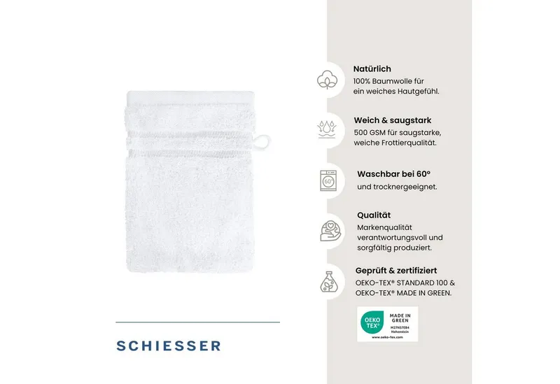 Schiesser Schiesser Waschhandschuh Milano Waschhandschuh-Set aus weicher Baumwolle in Frottier-Qualität, (5-St), mit Webbordüre, Weiß, – Produktbild 2 von 5