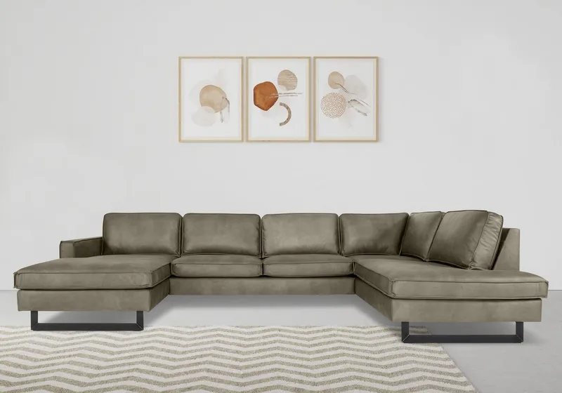 OTTO home Wohnlandschaft Pinto, 350 cm, U-Form, XXL, mit Ottomanen, Cord, Chenille, Lederoptik, mit Keder, Metallfüße, Wellenunterfederung, Grau, – Produktbild 1 von 5