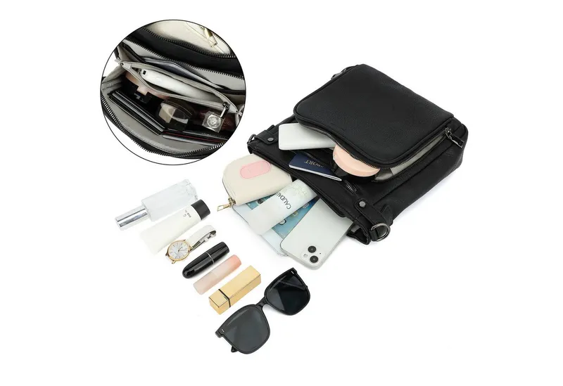 TAN.TOMI Schultertasche Handtasche damen mittelgroß Umhängetaschen crossbody bag, Retro leder PU damentaschen mit breitem gurt handtaschen, Schwarz, – Produktbild 5 von 5