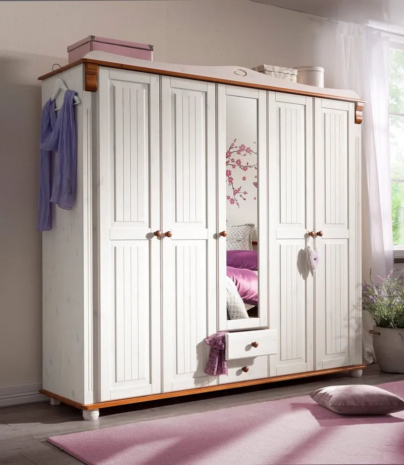 OTTO home Kleiderschrank Adele (Breite x Höhe x Tiefe ca: 207 cm x 191 cm x 53,5 cm) Massive Kiefer,Spiegel, Landhausstil, Weiß, – Produktbild 3 von 5