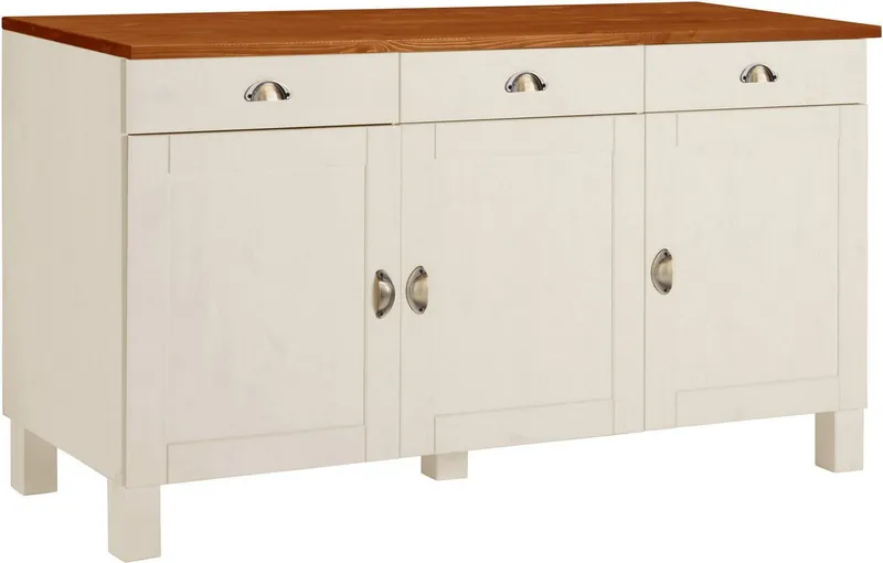 Home affaire Unterschrank Oslo 150 cm breit, 3 Türen, 3 Schubladen, aus massiver Kiefer, Metallgriffe, Weiß, – Produktbild 2 von 5