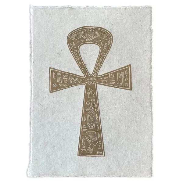 Veskor Cassiopeia Veskor Cassiopeia ANKH ägyptisches Kreuz Linoldruck | 21,5 x 30,5 cm | Gold auf Naturweiß – Produktbild 1 von 4