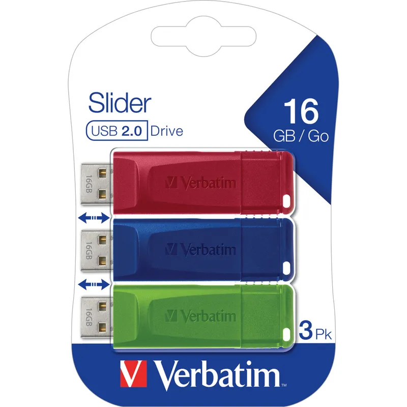 Verbatim Verbatim USB-Stick "Store'n'go Slider" USB 2.0, 16 GB rot, blau, grün, 3 Stk. – Produktbild 1 von 6