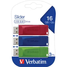 Verbatim Verbatim USB-Stick "Store'n'go Slider" USB 2.0, 16 GB rot, blau, grün, 3 Stk. – Produktbild 1 von 1