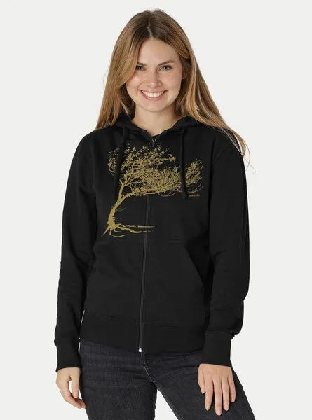 Peaces.bio - handbedruckte Biomode Peaces.bio - handbedruckte Biomode Bio Damen-Zip-Hoodie Windy Tree, Schwarz, – Produktbild 3 von 3