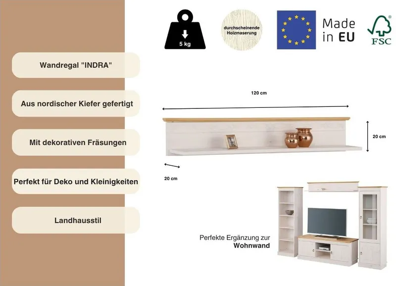 OTTO home Wandregal Indra Regal mit einer dekorativen Fräsung, 120cm breit, aus massiver Kiefer, 120 cm breit, Weiß, – Produktbild 1 von 5