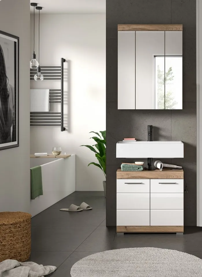 welltime Badmöbel-Set SIENA, 2 tlg., bestehend aus: Waschbeckenunterschrank, Spiegelschrank, (Set, 2-St., TOPSELLER), in verschiedenen Farben erhältlich, Badmöbel, Kombination, Badezimmer, Nox oak nachbildung/weiß hochglanz, – Produktbild 3 von 5