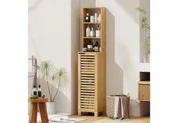 HOMCOM HOMCOM Badkommode Badezimmerschrank, Hochschrank mit 3 offenen Regalen, Lamellentür (Badezimmerschrank aus Bambus, 1 St., Badschrank), für Badezimmer, Wohnzimmer 34 x 30 x 170 cm – Produktbild 1 von 1