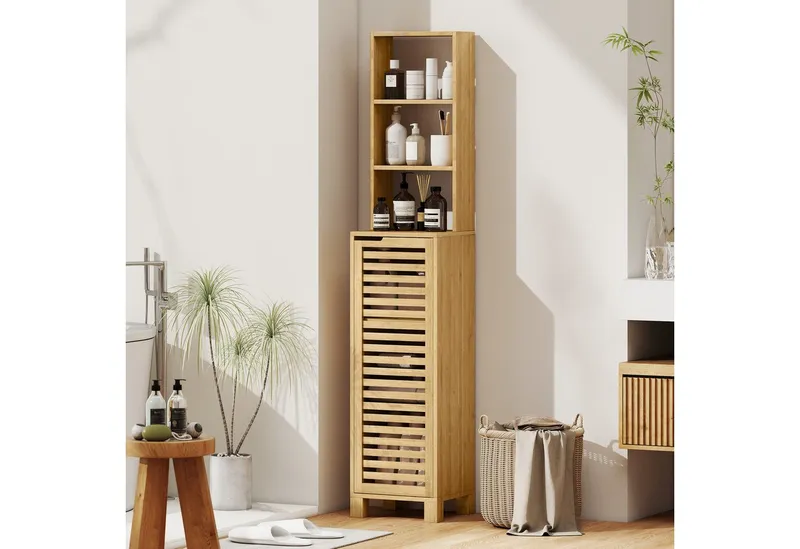 HOMCOM HOMCOM Badkommode Badezimmerschrank, Hochschrank mit 3 offenen Regalen, Lamellentür (Badezimmerschrank aus Bambus, 1 St., Badschrank), für Badezimmer, Wohnzimmer 34 x 30 x 170 cm, Beige, – Produktbild 1 von 4