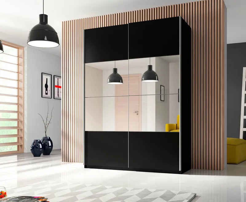 Home affaire Schwebetürenschrank Beta Schiebetürenschrank Kleiderschrank Wäscheschrank mit Spiegel, INKLUSIVE kompletter Innenausstattung, Metallgriffe, Schwarz, – Produktbild 1 von 5