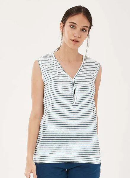 ORGANICATION ORGANICATION Top aus Leinen-Mix mit garngefärbtem Ringel-Dessin, White/ocean, – Produktbild 1 von 4