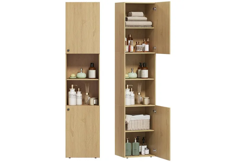 HOMCOM HOMCOM Badkommode Badezimmerschrank mit 2 Türen, 2 offenen Fächern Wohnzimmer (Badschrank, 1 St., Hochschrank), für Badezimmer, Beige, – Produktbild 2 von 4