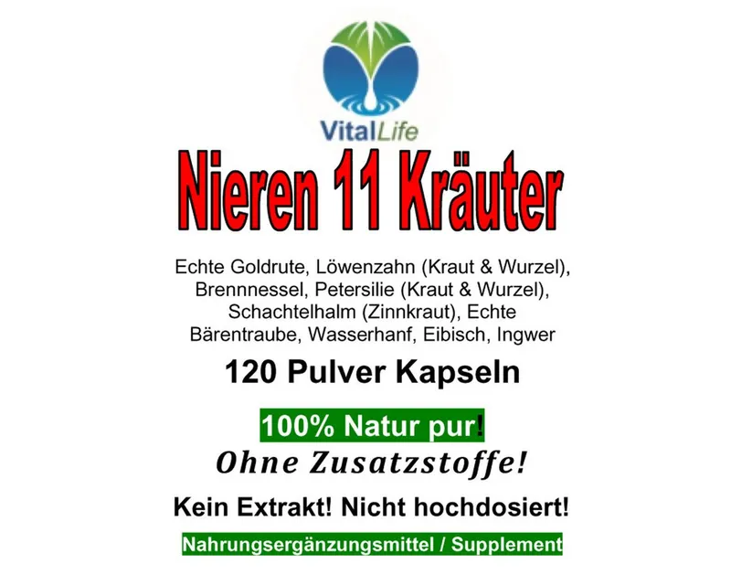 VitalLife Nieren 11 Kräuter Goldrute Eibisch Bärentraube uvm - Ohne Zusatzsoffe Kapseln, 1 er Dose à 120 St., 56 g, Art. 26309 – Produktbild 4 von 5