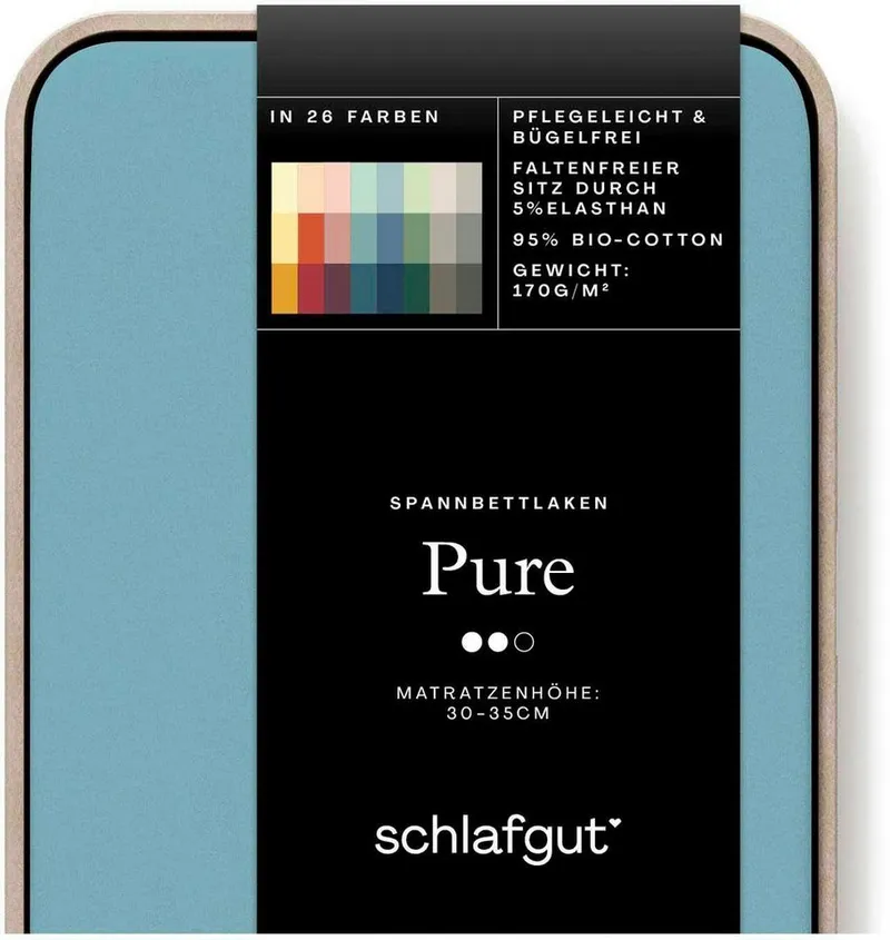 Schlafgut Schlafgut Spannbettlaken PURE Bio-Baumwolle mit Elasthan, 170 g/m², Bettlaken, Spannbetttuch, Jersey, Gummizug: rundum, (1 Stück), PREMIUM Laken für Matratzen bis 30cm Höhe, dehnbar blickdicht, straff, Blau, – Produktbild 5 von 5
