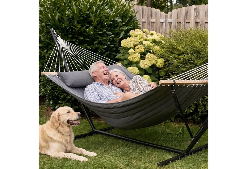Sekey Hängemattengestell Hängematte mit Gestell, Doppelhängematte für 2 Personen mit Kissen, bis 200 kg belastbar Hängemattengestell mit Ständer für Garten Outdoor, Grau, – Produktbild 1 von 5