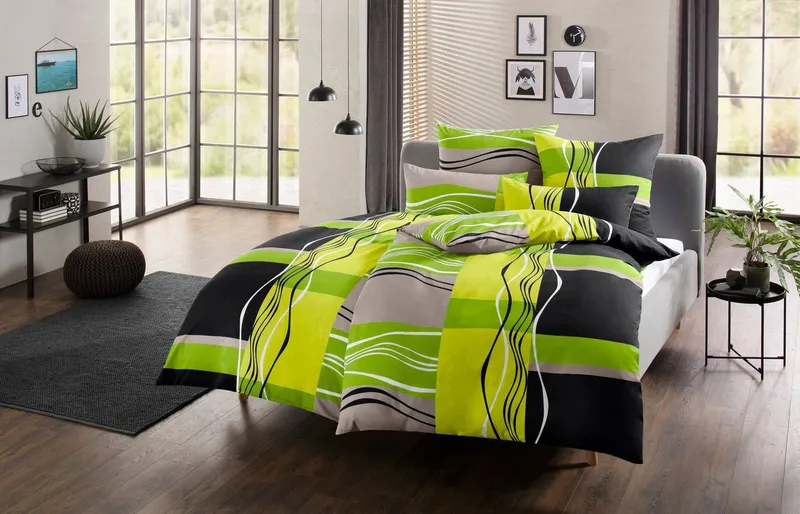 OTTO home Bettwäsche Kelian in Gr. 135x200, 155x220 cm u.a. Bettwäsche-Set mit Baumwolle, Biber, 2 teilig, in verschiedenen Qualitäten, gemusterte Bettwäsche, Grau|grün, – Produktbild 4 von 6