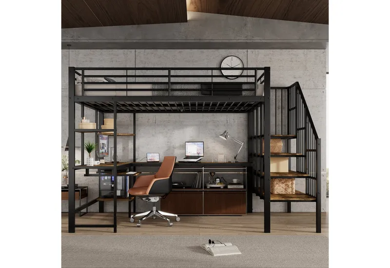 Merax Hochbett 120x200cm mit Ladeanschluss (Kinderbett aus Eisen & MDF, 1-St., Eisen-Etagenbett Einzelbett Jugendbett) Metallbett mit Schreibtisch, Tastaturablage, Ecktreppe & Ablageflächen, Schwarz, – Produktbild 2 von 5