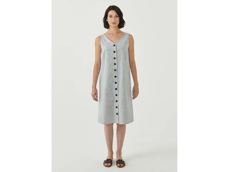 ORGANICATION ORGANICATION Bio-Damen-Midi-Kleid mit Knopfleiste gestreift shadow/off white, Gr. M – Produktbild 1 von 1