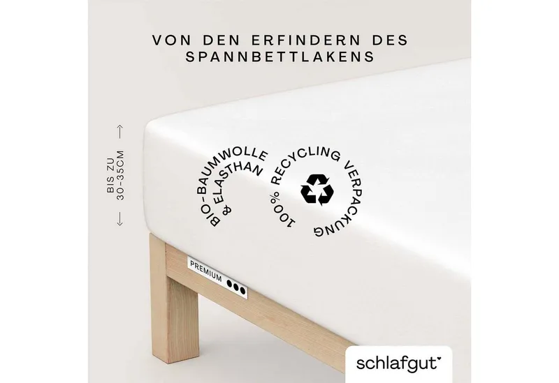 Schlafgut Schlafgut Spannbettlaken PREMIUM Mako-Zwirn-Jersey, 220 g/m², 95% Bio-Baumwolle, 5% Elasthan, Mako-Zwirn-Jersey, Gummizug: rundum, (1 Stück), Bettlaken bis 30 cm Höhe, PREMIUM-Qualität langlebig, perfekter Sitz, Weiß, – Produktbild 2 von 5