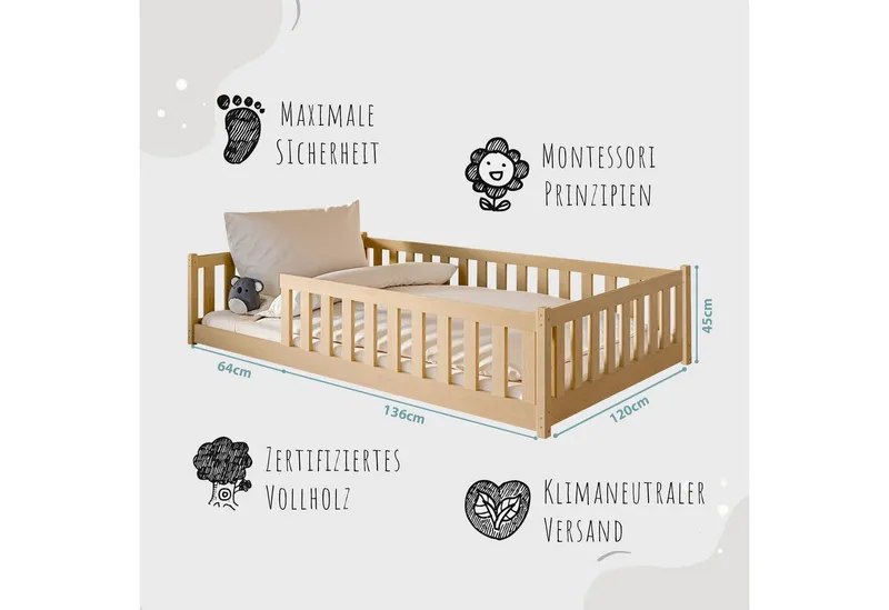 Kids Collective Kinderbett Bodenbett Bett mit Rausfallschutz & Lattenrost Montessori Bett Kinder (Jungen, Mädchen, Kinder, weitere Größen 80x160, 80x180, 90x190, 90x200, 140x200 cm), Jugendbett Gitterbett Einzelbett, Natur Kiefer 120x200 cm, Beige, – Produktbild 3 von 5
