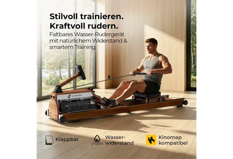 JASPORT Rudergerät M1 Wasserwiderstand aus Holz, klappbar, LCD, für Zuhause, bis 150 kg (Mit Smartphone-/Tablet-Halterung und Transportrollen), FSC-Holz, 20-l-Wassertank, Kinomap, bis 150 kg belastbar, Braun, – Produktbild 2 von 5