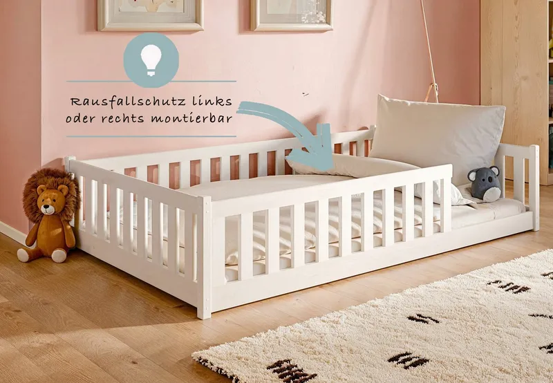 Kids Collective Kinderbett Bodenbett Bett mit Rausfallschutz & Lattenrost Montessori Bett Kinder (Jungen, Mädchen, Kinder, weitere Größen 80x160, 80x180, 90x190, 90x200, 140x200 cm), Jugendbett Gitterbett Einzelbett, Weiß Kiefer 120x200 cm, Weiß, – Produktbild 4 von 5