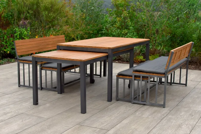 Merxx Merxx Garten-Essgruppe Milos, (Set, 10-tlg., 4 Bänke (2x mit und 2x ohne Rückenlehne), 2 Tische, 4 Sitzkissen), Set ist komplett ineinander verstaubar, geeignet für 12 Personen, Braun|grau, – Produktbild 3 von 5