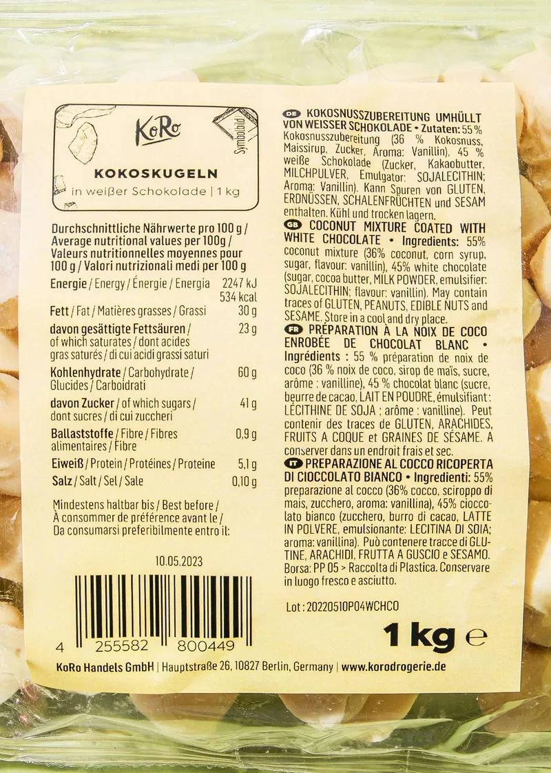 KoRo Kokoskugeln in weißer Schokolade 1 kg – Produktbild 1 von 5