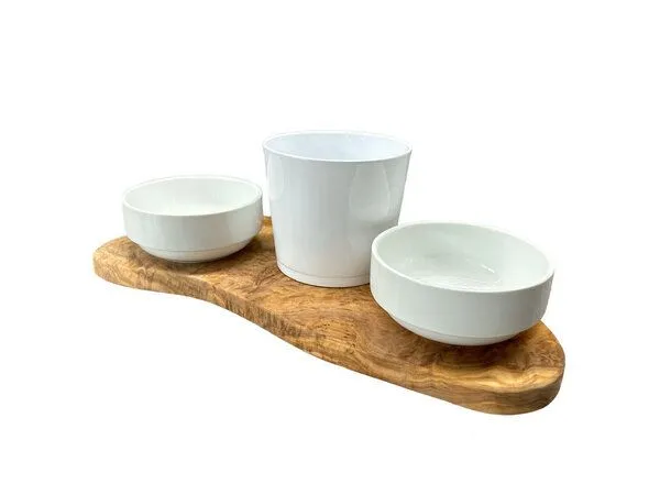 Olivenholz erleben Olivenholz erleben Futterstation RUSTY aus Olivenholz mit 2 x 0,4 Liter Porzellanschale plus Topf für Katzengras – Produktbild 2 von 4