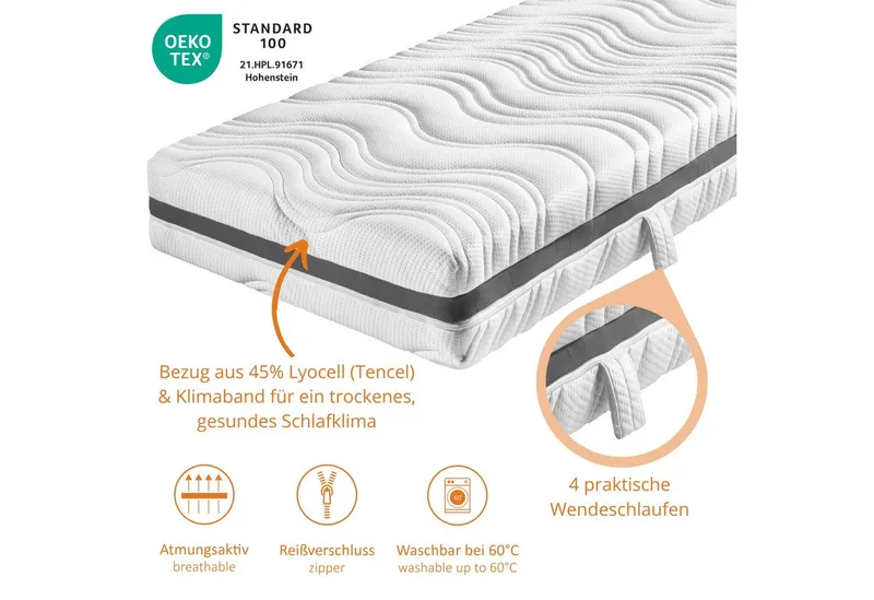 Federkernmatratze Comfort 130, in 90x200 cm, 140x200 cm und weitere Größen, sleepling, 18 cm hoch, mit 7-Zonen Kaltschaum Auflage und verschiedenen Härtegraden, Weiß, – Produktbild 4 von 5