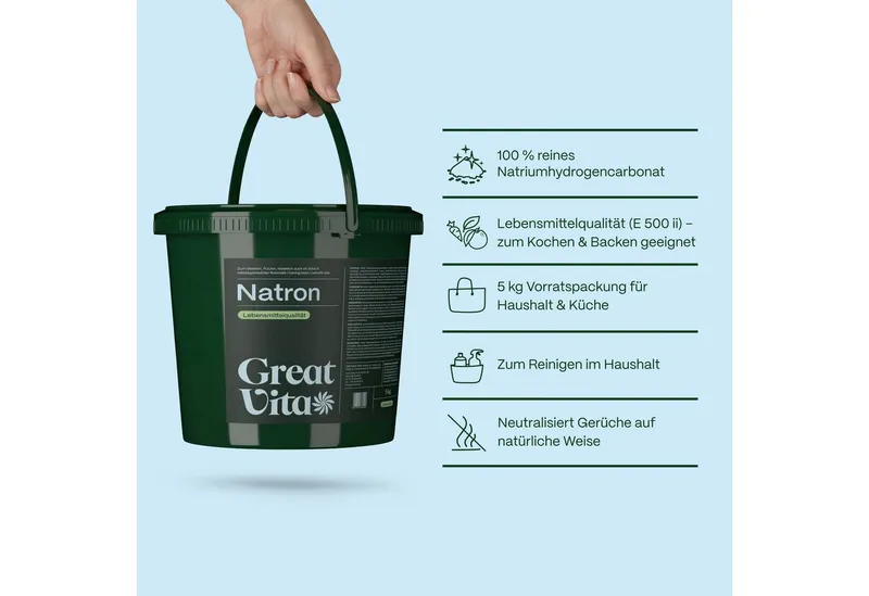 GreatVita Backzutat Natron Pulver 5kg Eimer Lebensmittelqualität - Baking Soda – Produktbild 2 von 5