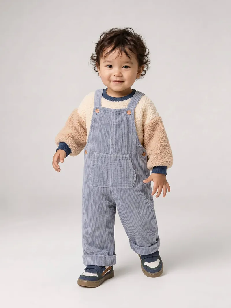 Vertbaudet Vertbaudet Baby-Set aus Teddyfleece-Pullover und Cord-Latzhose, Graublau, – Produktbild 2 von 4