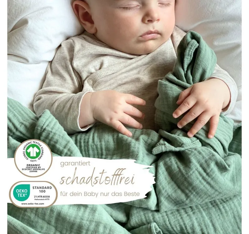 Babydecke Mulltücher 3er-SET gekreppt, Spucktuch 64x64 100% GOTS BIO-Baumwolle, DIKOS, PREMIUM Qualität atmungsaktiv, nachhaltig, plastikfrei, kuschelweich, Mint creme, – Produktbild 3 von 5