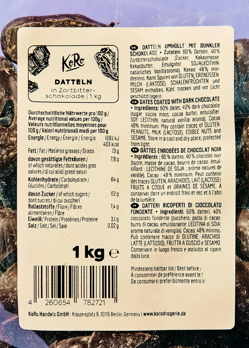 KoRo Datteln in Zartbitterschokolade 1 kg – Produktbild 3 von 5