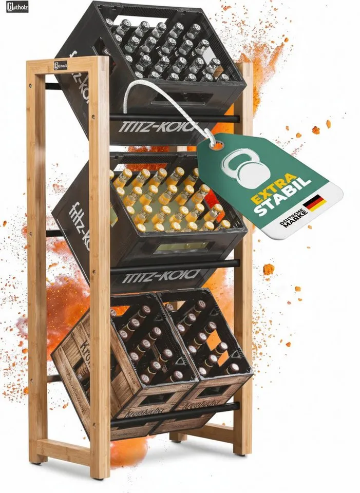 gutholz Standregal Getränkekistenregal aus Bambus & Edelstahl für 3 Kisten, Schwarz, – Produktbild 2 von 5