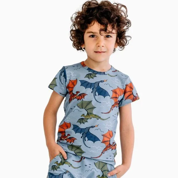 Walkiddy Walkiddy T-Shirt Hellblau Bunter Drache-Allover Bio-Baumwolle GOTS – Produktbild 1 von 3