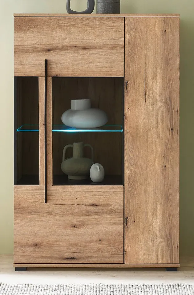 Furn.Design Highboard Design-D (Kommode in Evoke Eiche Dekor, 90 x 140 cm), 6 Staufächer und 2 Vitrinenfächer, Beige, – Produktbild 4 von 5