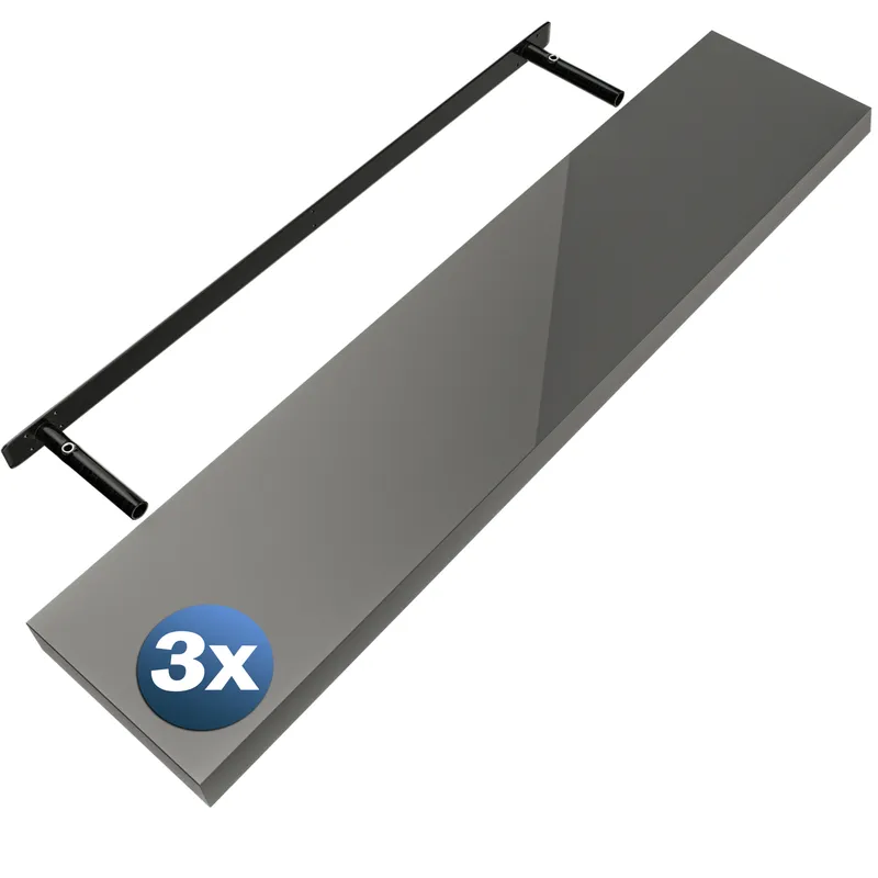 Casaria® Wandregal Schweberegal 110cm 3er-Set Hochglanz Grau + Halterung – Produktbild 1 von 2