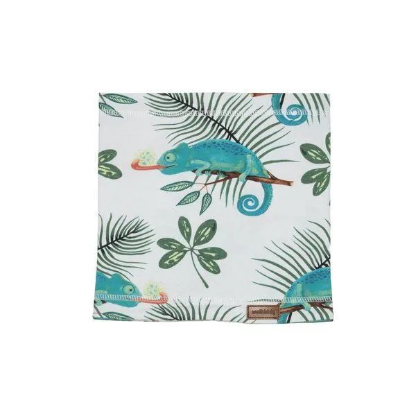 Walkiddy Kinder Schal Bio-Baumwolle Walkiddy „Chameleonland“ Grün, GOTS zertifizierter, weicher Baumwoll-Schal mit Chamäleon-Print, hautfreundlich, anschmiegsam, ideal für Übergangszeit, Kindergarten, Schule und als nachhaltiges Geschenk zur Geburt – Produktbild 1 von 1