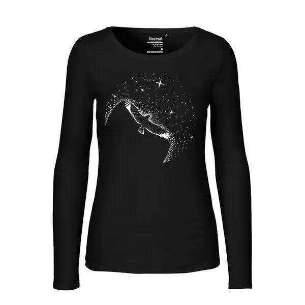 HANDGEDRUCKT HANDGEDRUCKT "Sternstunde" Frauen Longsleeve aus reiner Biobaumwolle (kbA), Black, – Produktbild 1 von 2