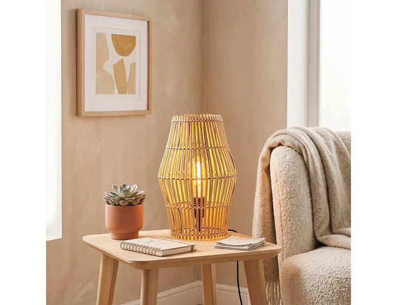 hofstein Tischleuchte Tischlampe aus Metall/Bambus in Schwarz/Naturfarben, ohne Leuchtmittel, Tischleuchte im Boho-Design, Lichteffekt, Schalter am Kabel, 32cm, E27, Beige|schwarz, – Produktbild 3 von 5