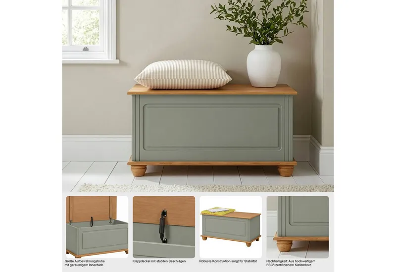 OTTO home Sitztruhe Finca, aus massivem Kiefernholz, 85 x 43 x 45 cm, mit praktischem Stauraum, Weiß, – Produktbild 4 von 5
