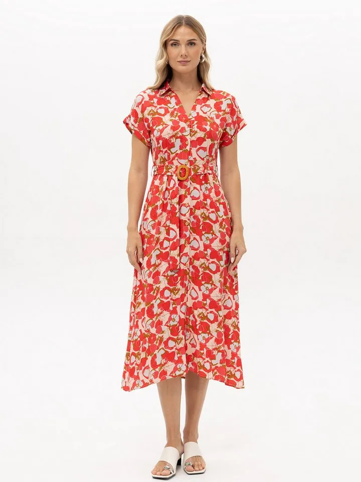 Passioni Hemdblusenkleid mit Blumenprint Sommerkleid mit floralem Print in Rot- Orange – Produktbild 3 von 5