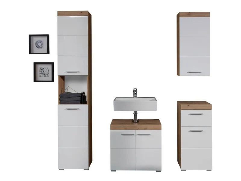 welltime Badmöbel-Set Avena, (Set, 4-St), Badmöbel - Hochschrank, Waschbeckenschrank, Hängeschrank und Kommode, Weiß, – Produktbild 5 von 5