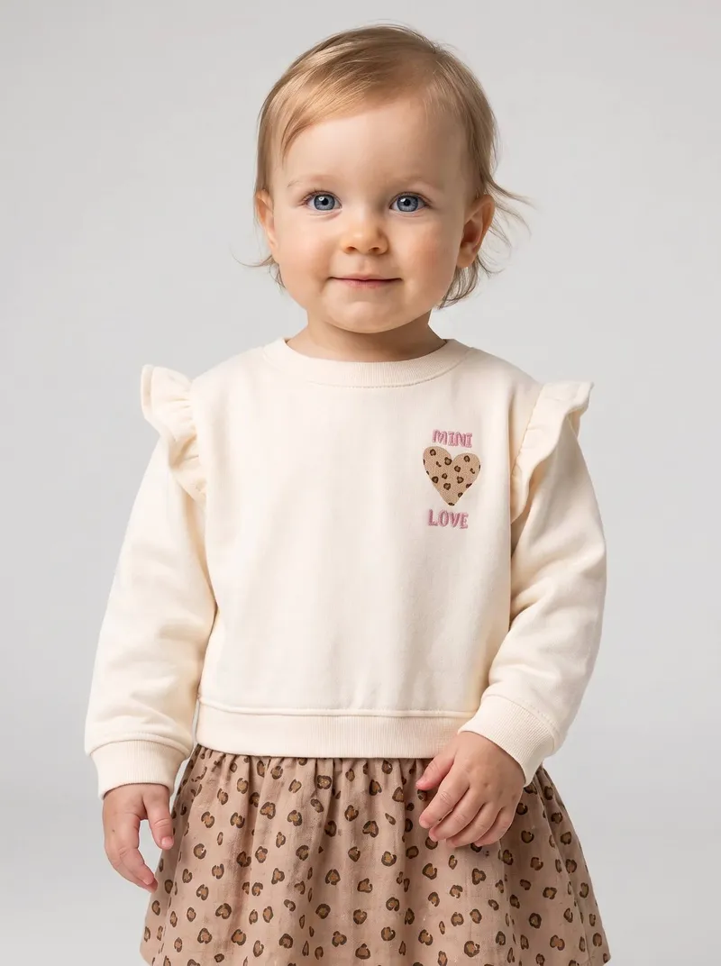 Vertbaudet Vertbaudet 2-in-1 Baby Sweatkleid mit Musselinrock, Hellbeige/braun leo, – Produktbild 2 von 4