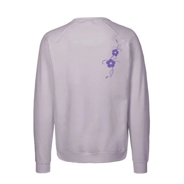 HANDGEDRUCKT HANDGEDRUCKT "Hibisken" Unisex Sweatshirt aus reiner Biobaumwolle (kbA), Dustypurple, – Produktbild 2 von 3