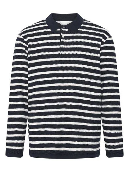 KnowledgeCotton Apparel KnowledgeCotton Apparel Gestricktes Langarm-Poloshirt mit Streifen aus Bio-Baumwolle, Blau-navy, – Produktbild 1 von 4