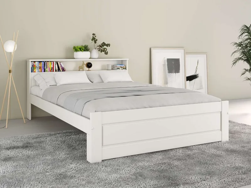 OTTO home Massivholzbett FLAVION, TOPSELLER! Jugendbett, FSC® zertifizierte massive Kiefer (Breite: 140), Qualitätsprodukt, Regal, Kassettenoptik, Schublade optional, Weiß, – Produktbild 1 von 5