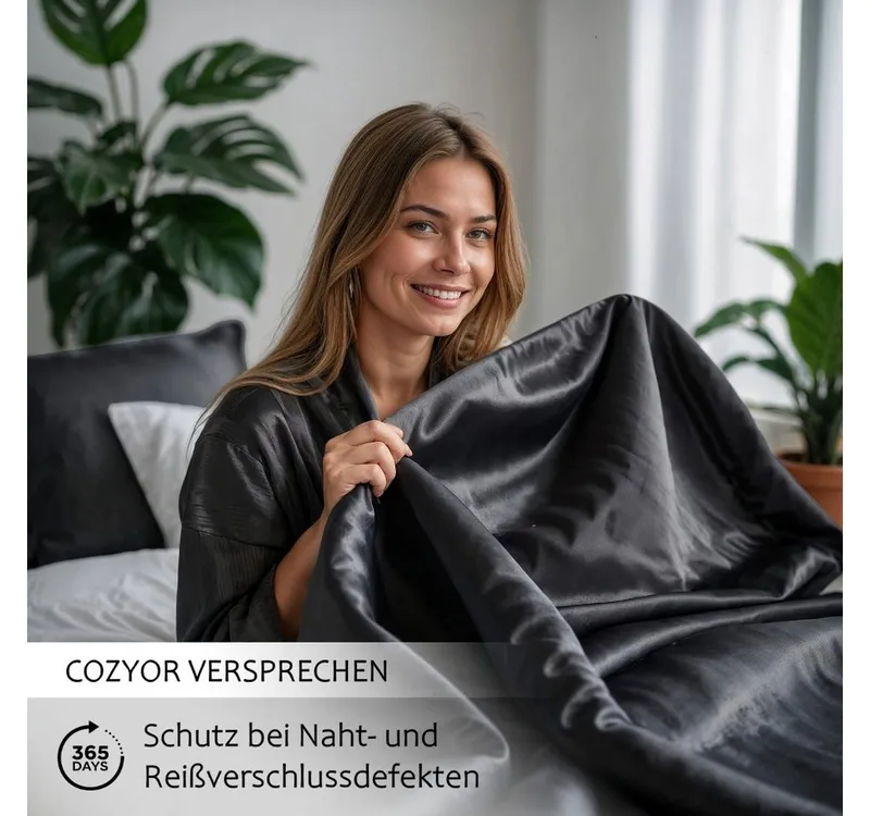 Cozyor Bettwäsche Satin glänzend 135x200, 155x200, 155x220, 200x200cm mit Reißverschluss, Satin, schwarz Eclipse, 2 teilig, Edel und hochwertig, Schwarz, – Produktbild 2 von 5